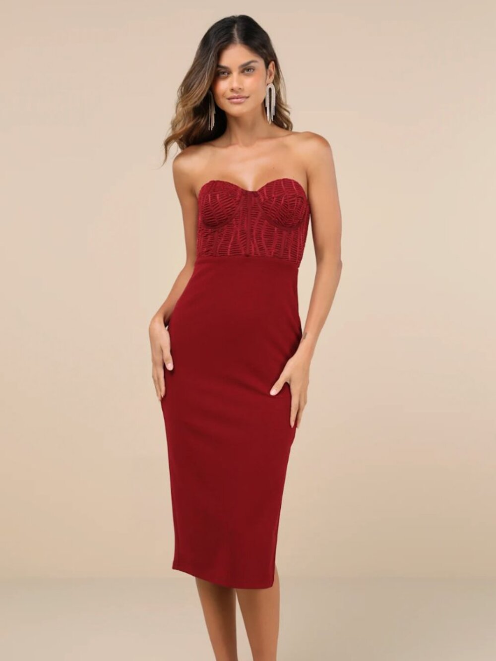 NWT Lulu's Passionate Aura Wine Red Textured Strapless Bustier Midi Dress